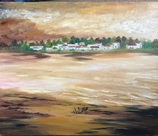 Tableau original contemporain peinture paysage village de 46x38 ile de ré