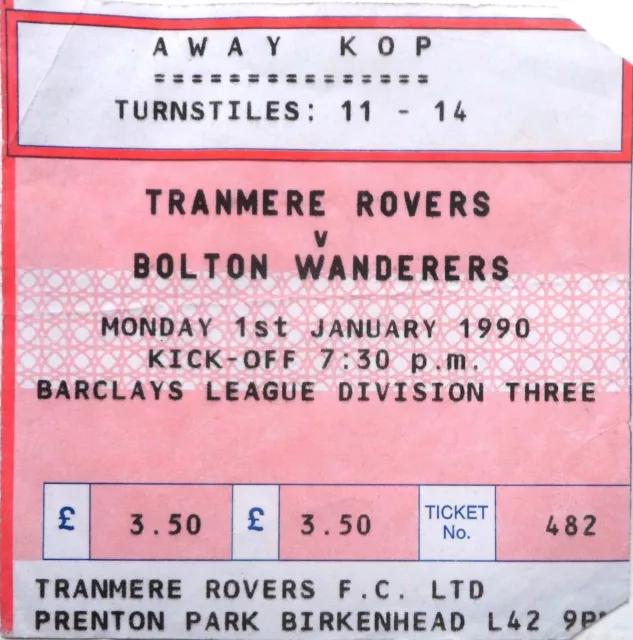 Football Ticket – Tranmere Rovers v Bolton Wanderers – 01/01/90