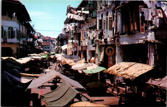 Vintage Postcard China Town Chinatown Street Scene Vendors Singapore A9