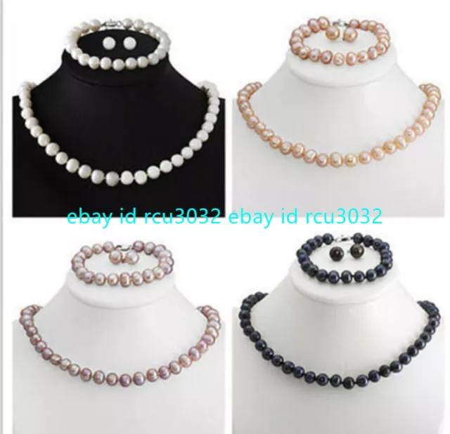 Genuine Freshwater Cultured 8-9mm Pearl Necklace Bracelet Earrings Set 18"