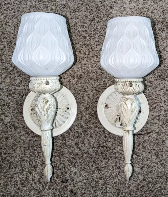 2 VINTAGE Old MIAMI-CAREY Wall SCONCE Torch LIGHTS LAMPS White Milk Glass Shades