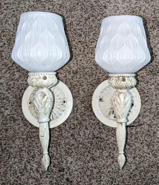 2 VINTAGE Old MIAMI-CAREY Wall SCONCE Torch LIGHTS LAMPS White Milk Glass Shades