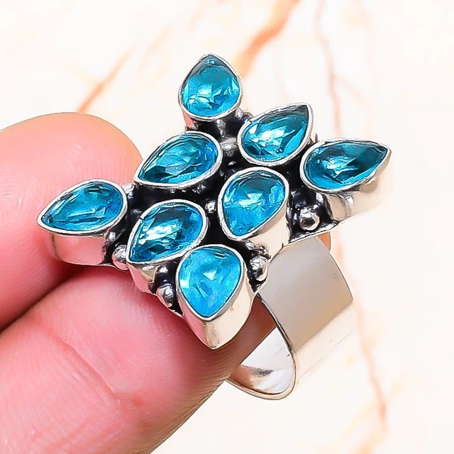 Swiss Blue Topaz Gemstone Handmade Gift Jewelry Ring Size 8.5 R147