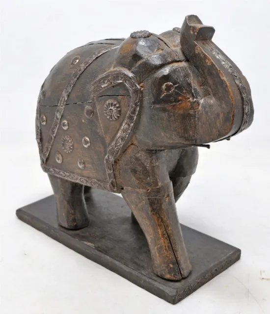 Antique Wooden Elephant Figurine Statue Original Old Hand Carved Metal Fitted