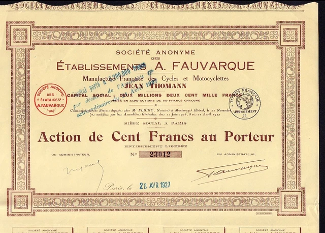 A. Fauvarque Jean Thomann Paris France 1927  Motorbike / Bicycle Makers
