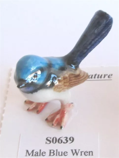 Miniature Porcelain Hand Painted Bird Figurine - Blue Wren with Tail Up