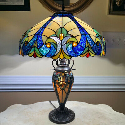 Tiffany Style Table Lamp Ocean Blue Yellow Stained Glass Victorian Theme Lamp