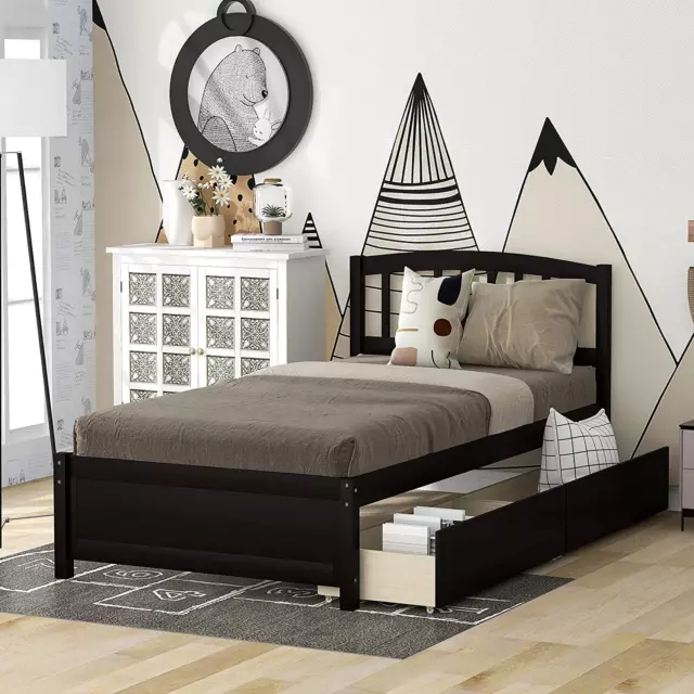 Twin Storage Bed Frame, Wood Platform Bed with Two Drawers and Headboard, Espres