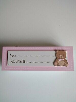 Pink Wooden Birth Keepsake Box Teddy Bear Baby Shower Christening