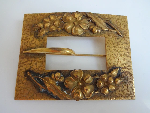 Antique Vtg Victorian Art Nouveau Deco Brass Huge Runway Belt Buckle Pin Brooch