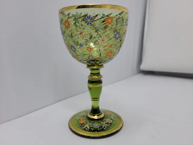 ANTIQUE Moser Type Raised Enamel Flower Pattern Wine Glass 5 1/8"