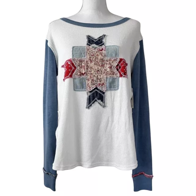 Free People We The Free Lone Star Patchwork Thermal Top Size XS White Blue NWT