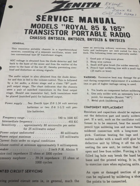 Vintage Radio Manual - Zenith 85 & 185 Transistor Radio - 6 Pages