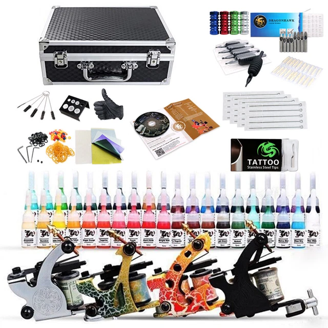 DE Komplett Tattoomaschine Kit Tätowierung 4 Tätowier Maschine 40 Inks 50 Nadeln