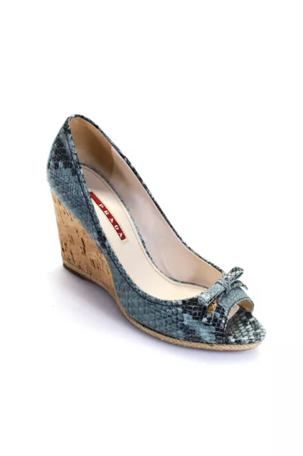 Prada Womens Leather Snakeskin Print Bow Accent Cork Wedges Blue Tan Size 7.5
