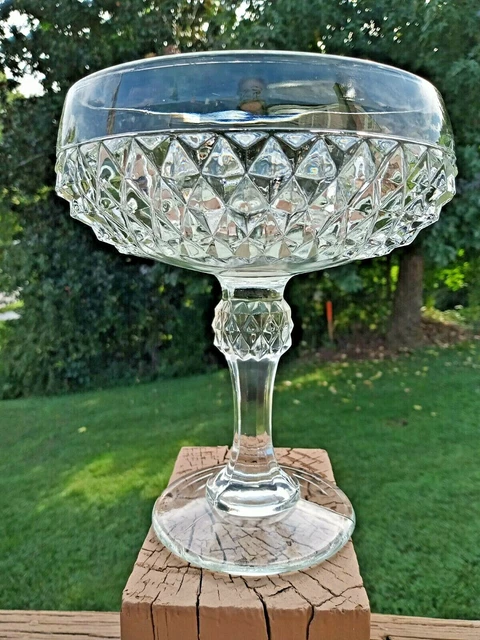 Indiana Glass Clear Diamond Point Compote/Berry/Candy Tall Footed Bowl