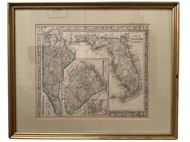 ANTIQUE 19TH C. Map County of Florida & North Carolina, Samuel Augustus