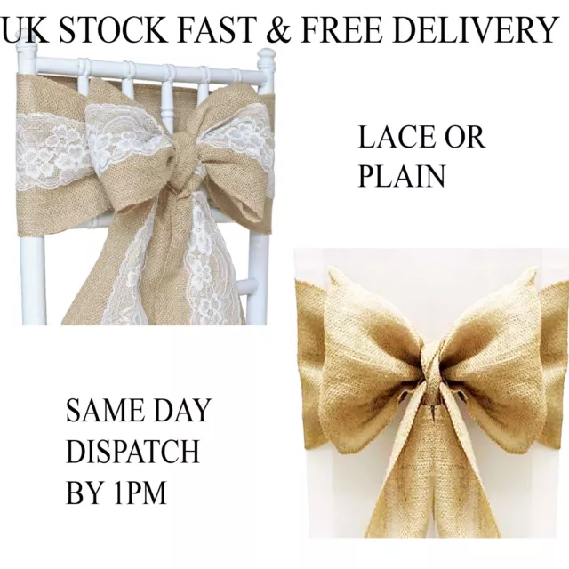 PolkaDotSky 1/10/25pcs Hessian Lace Sash Chair Cover Bow Natural Burlap Wedding