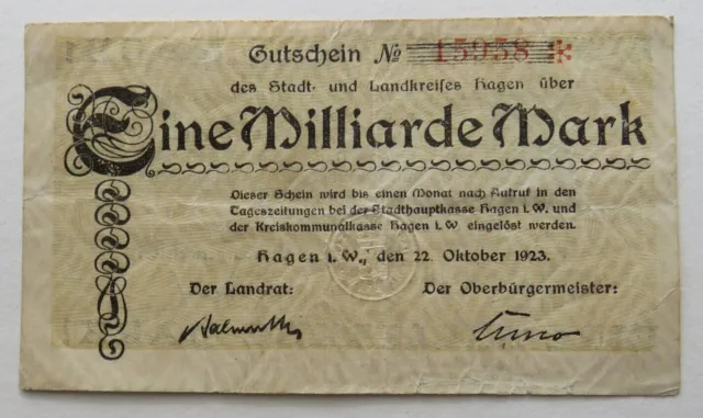 Hagen, Westfalen,  Stadt- und Landkreis, 1 Milliarde Mark 22.10.1923