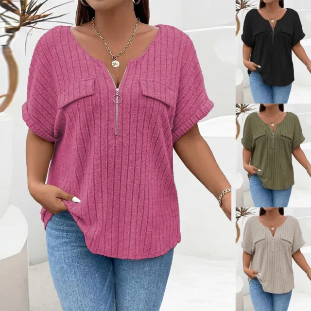 Plus Size Womens Ribbed V Neck Tunic Tops Tee Short Sleeve T Shirt Blouse Shirt