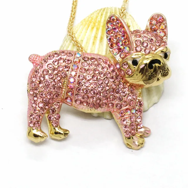 Hot Pink Rhinestone Bling Cute Pug Dog Crystal Pendant Fashion Women  Necklace