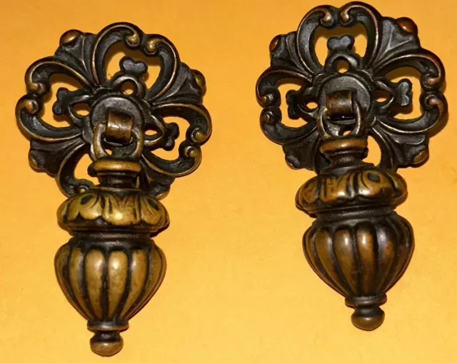 (2) VINTAGE Cast Brass Victorian Style Single Drop Drawer Pulls 3” Long