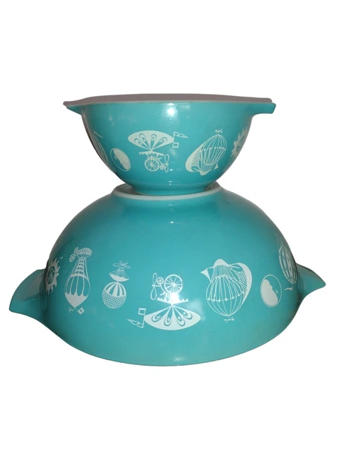 Vintage Pyrex 1958 Turquoise Hot Air Balloon Cinderella Set Chip and Dip Bowls Vintage Pyrex 1958 Turquoise Hot Air Balloon Cinderella Set Chip and Dip Bowls