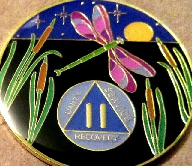 Moneda ficticia medallón de 2 años Dragonfly Alcohólicos Anónimos oro negro azul libélula