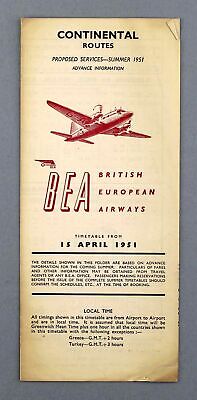 Bea British European Airways Advance Timetable Continental Routes April 1951