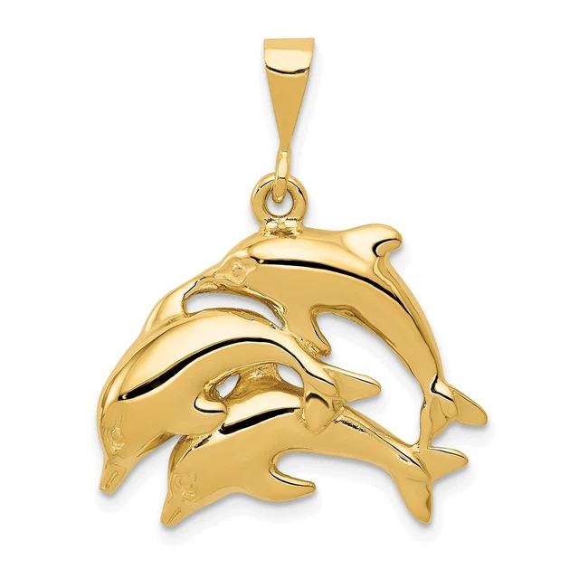 14k Gelbgold Meer Delfin Ozean Fisch Strand Nautische Halskette Anhänger Charm