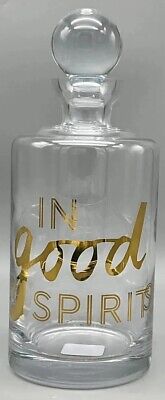 Decantador de alcohol de cristal con palabras ""En buen espíritu"" en oro y tapón peso pesado