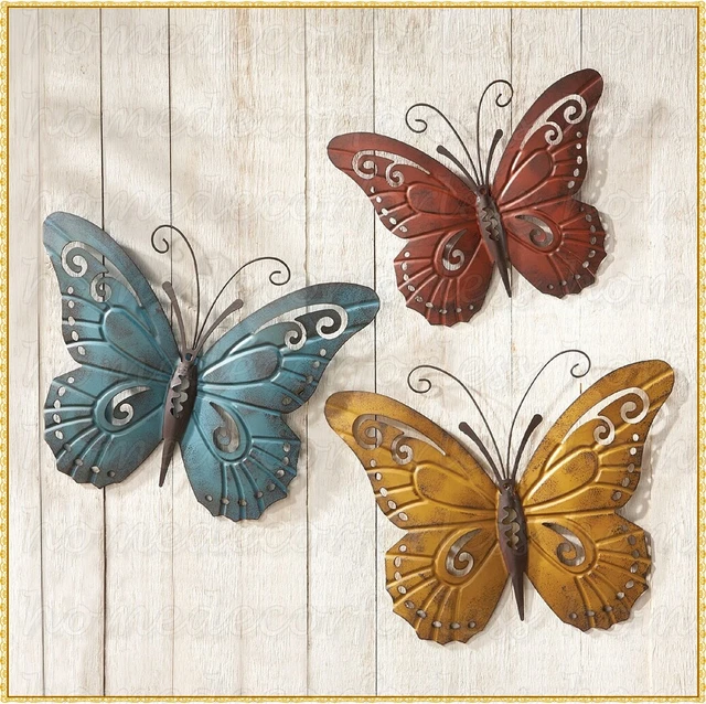 Set of 3 Butterfly Wall Art Nature Inspired Indoor Outdoor Rustic Home Decor