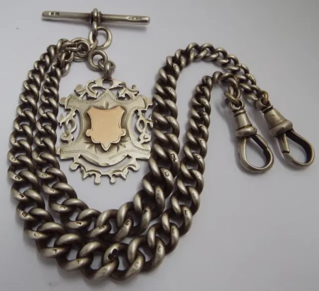 LOVELY HEAVY 59g ENGLISH ANTIQUE 1897 SOLID STERLING SILVER DOUBLE ALBERT CHAIN