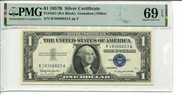 FR 1621 1957B $1 SILVER CERTIFICATE PMG 69 EPQ SUPERB GEM UNC - Consecutive Pair