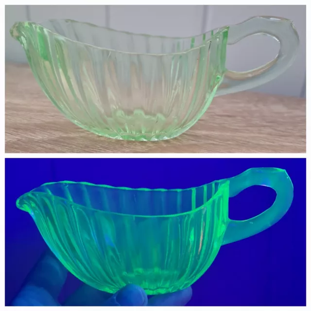 Art Deco Green Depression Uranium Glass Jug Gravy Boat *Glows Bright Green