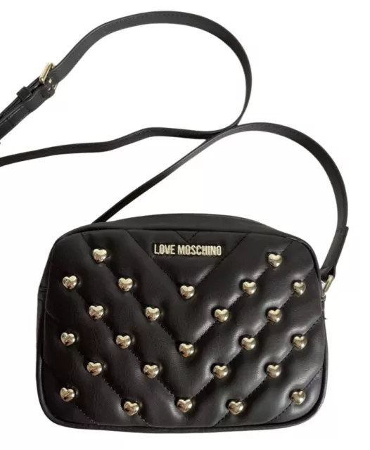 Love Moschino Black Quilted Crossbody Borsa Matt Gold Chain Bag Logo Heart Studs