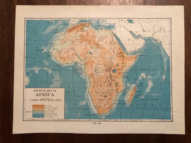 Vintage Color Physical Map of AFRICA Continent Print Plate 7" x 9" Unframed 2