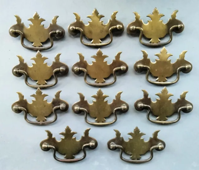 Vtg Brass Chippendale Style Drop Handle Bat Wing Drawer Pull Set of 11 + Screws