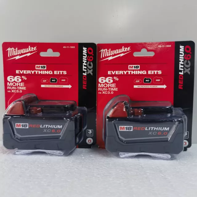 2 PCS --18V Milwaukee XC 48-11-1860 6.0 AH Batteries M18 New Genuine