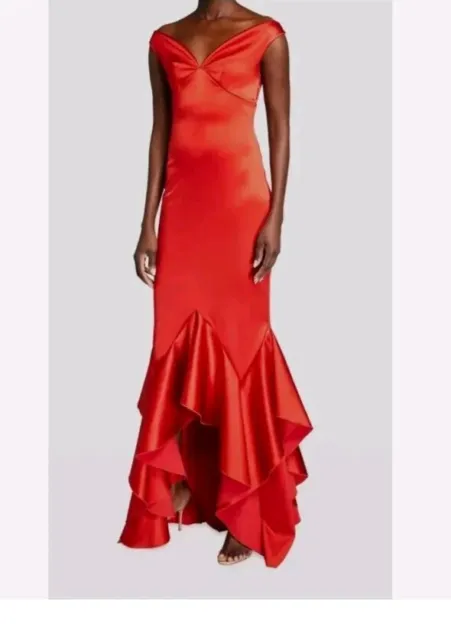 Chiara Boni Gown Sz 6 Red Satinos Off-the-Shoulder Hi-Low Dress  $1295