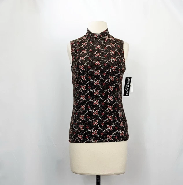 Vintage Y2K Top Black Floral Print Sleeveless Metallic Misses S New