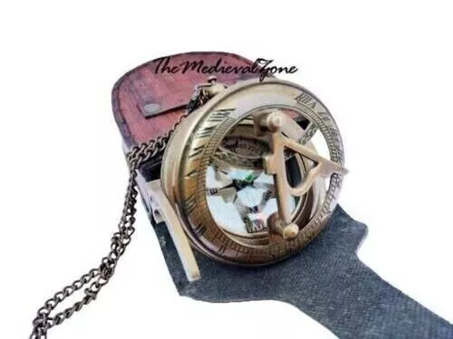 Antique Hiking Brass Compass Sundial With Leather Case Chain Pocket Gift Item