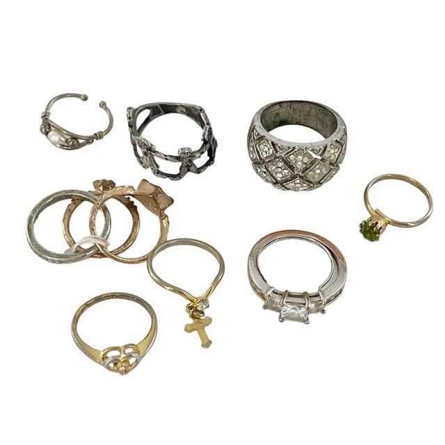 Costume Jewelry Ring Lot w. Stones Band Wrap cross friendship heart pearl dress