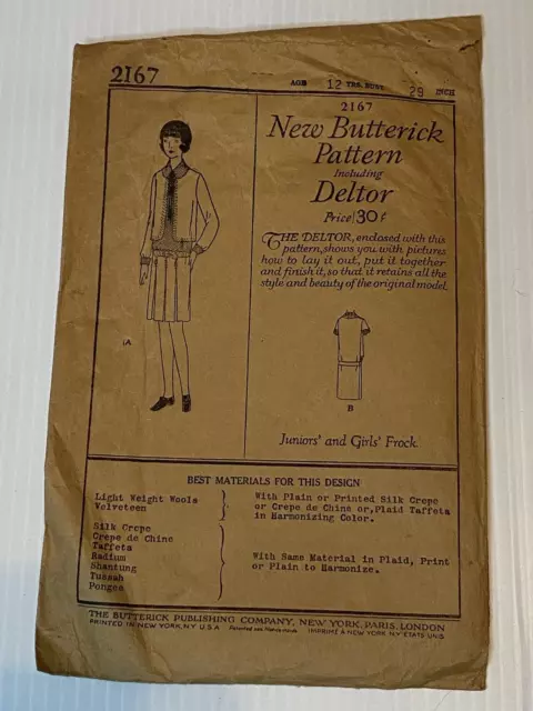 Vintage New Butterick Pattern #2167 Including Deltor  Girls' Dress Frock 1920's