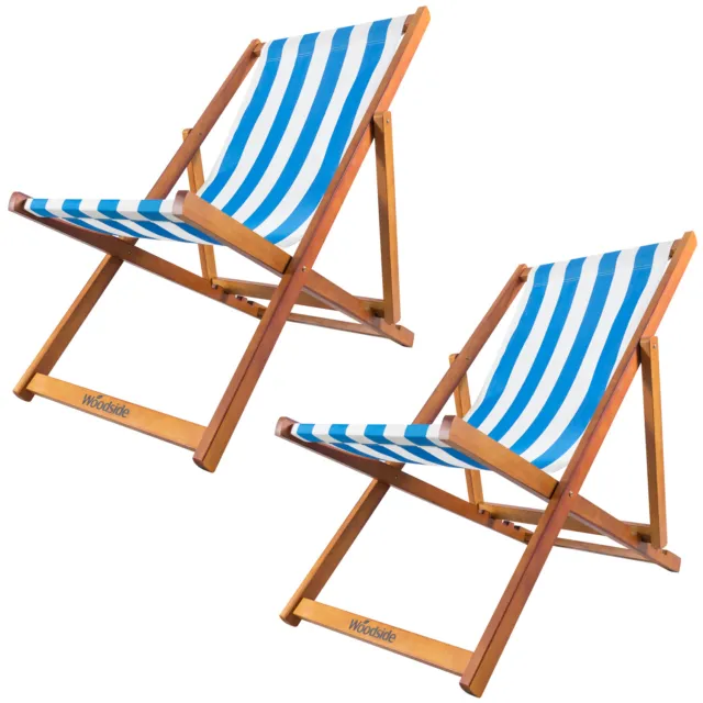 Woodside Traditional Folding Beach/Garden Wooden Deck Chair Seaside Lounger x 2