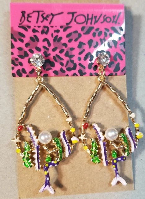 Betsey Johnson Rare  purple rhinestone Pearl Mermaid Drop Earrings Jewelry