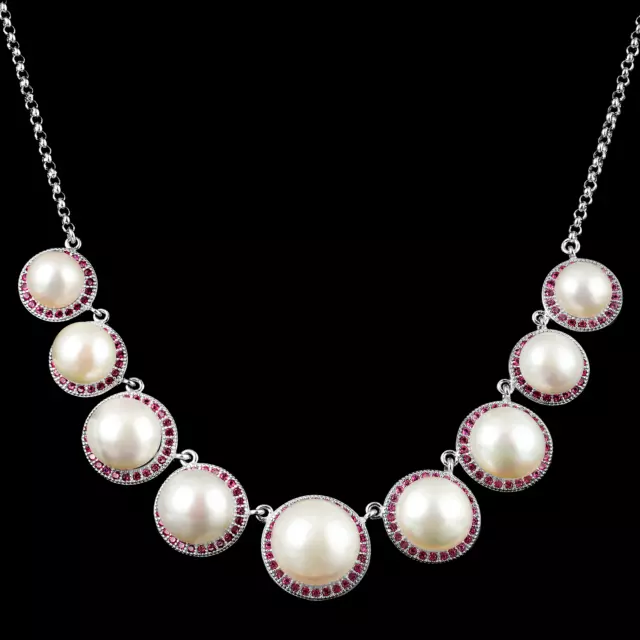 Unheated Natural 13Mm Fresh Water Pearl Cubic Zirconia Big Silver 925 Necklace