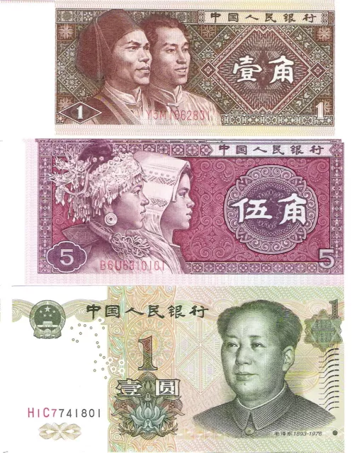 Lote De 3 Billetes De China 1-5 Jiao+1 Yuan Sc