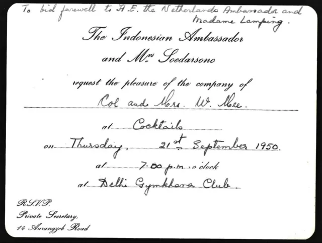 1950 Invitation Indonesian Ambassador Cocktails New Delhi India Gymkhana Club