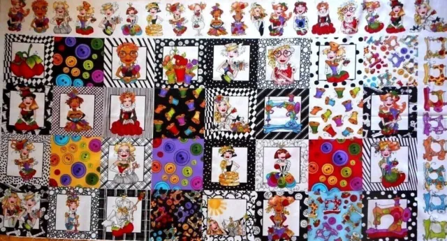 Loralie Designs Fabric Panel Sew Curious Sewing Lady Thread Button Precut Cotton